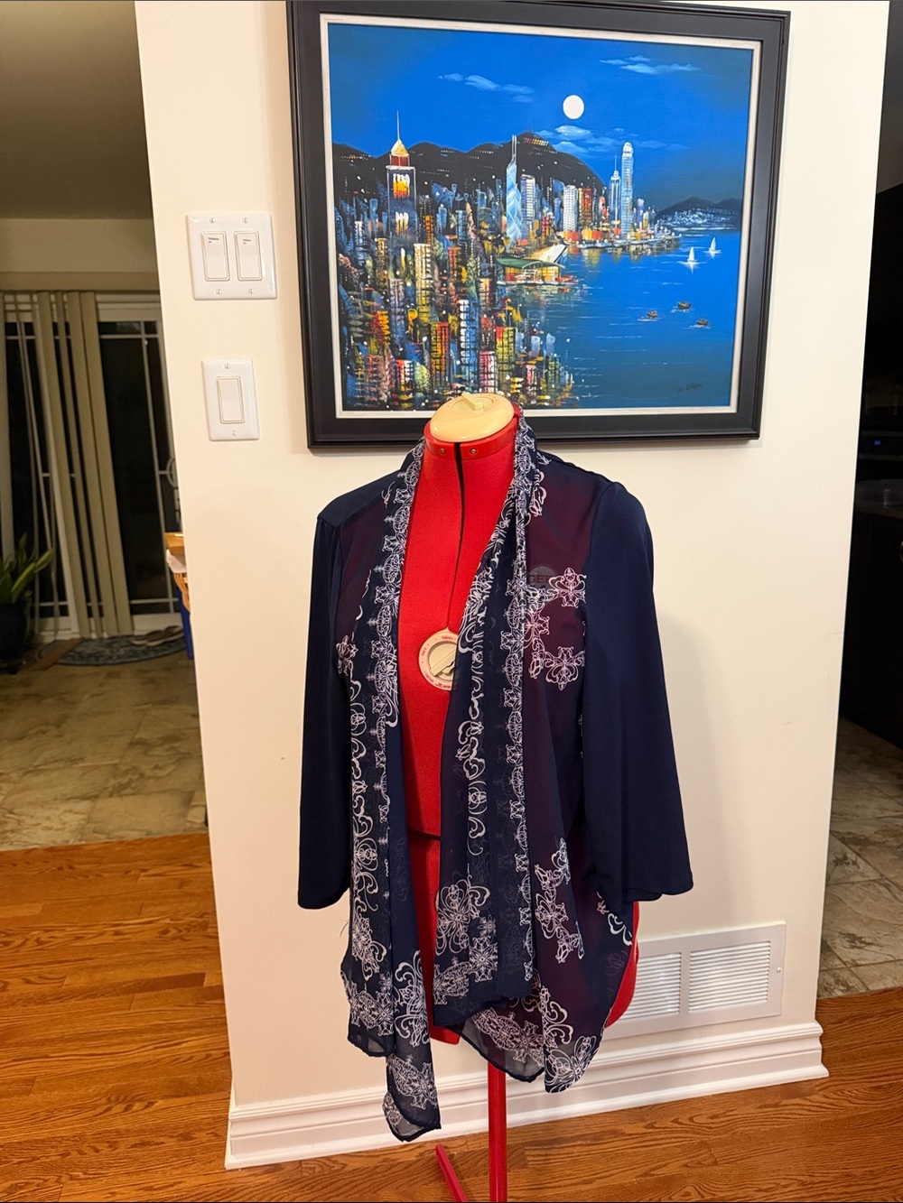 TanJay Navy Open-Front Jacket with White Paisley Trim